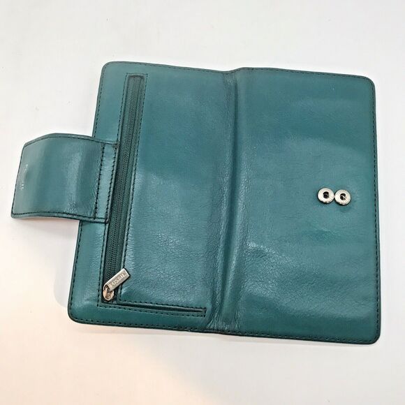 Fossil  Pebbled Leather Wallet Teal Green Bi-fold Zipper Pocket ID CC Cash Snaps - Picture 8 of 11